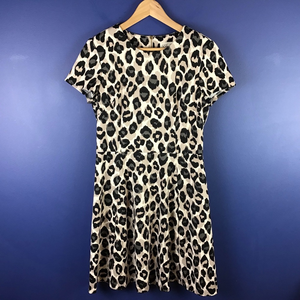 Eliza J Dress Women Size 8 Tan Black Leopard Print Fit & Flare Short Sleeve